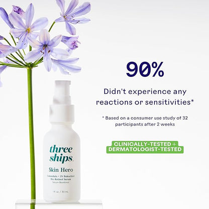 Three Ships - SkinHero Calendula + 2% Bakuchiol Bio-Retinol Serum | Firm, Soothe, Hydrate Skin | Cruelty-Free, Vegan, Paraben-Free, Sensitive Skin Safe (1 fl oz | 30 mL)