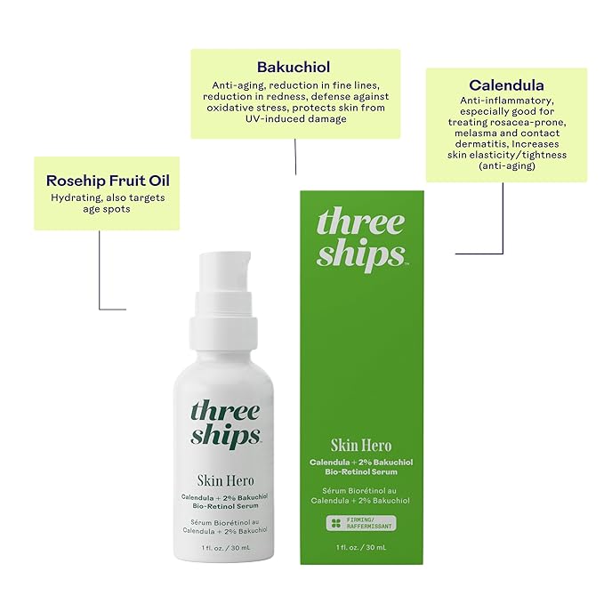 Three Ships - SkinHero Calendula + 2% Bakuchiol Bio-Retinol Serum | Firm, Soothe, Hydrate Skin | Cruelty-Free, Vegan, Paraben-Free, Sensitive Skin Safe (1 fl oz | 30 mL)